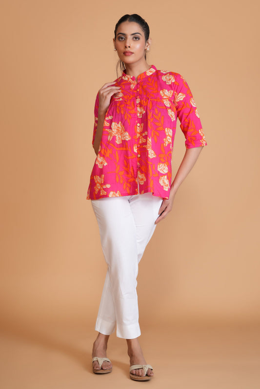 Hot Pink Floral Cotton A-Line Top