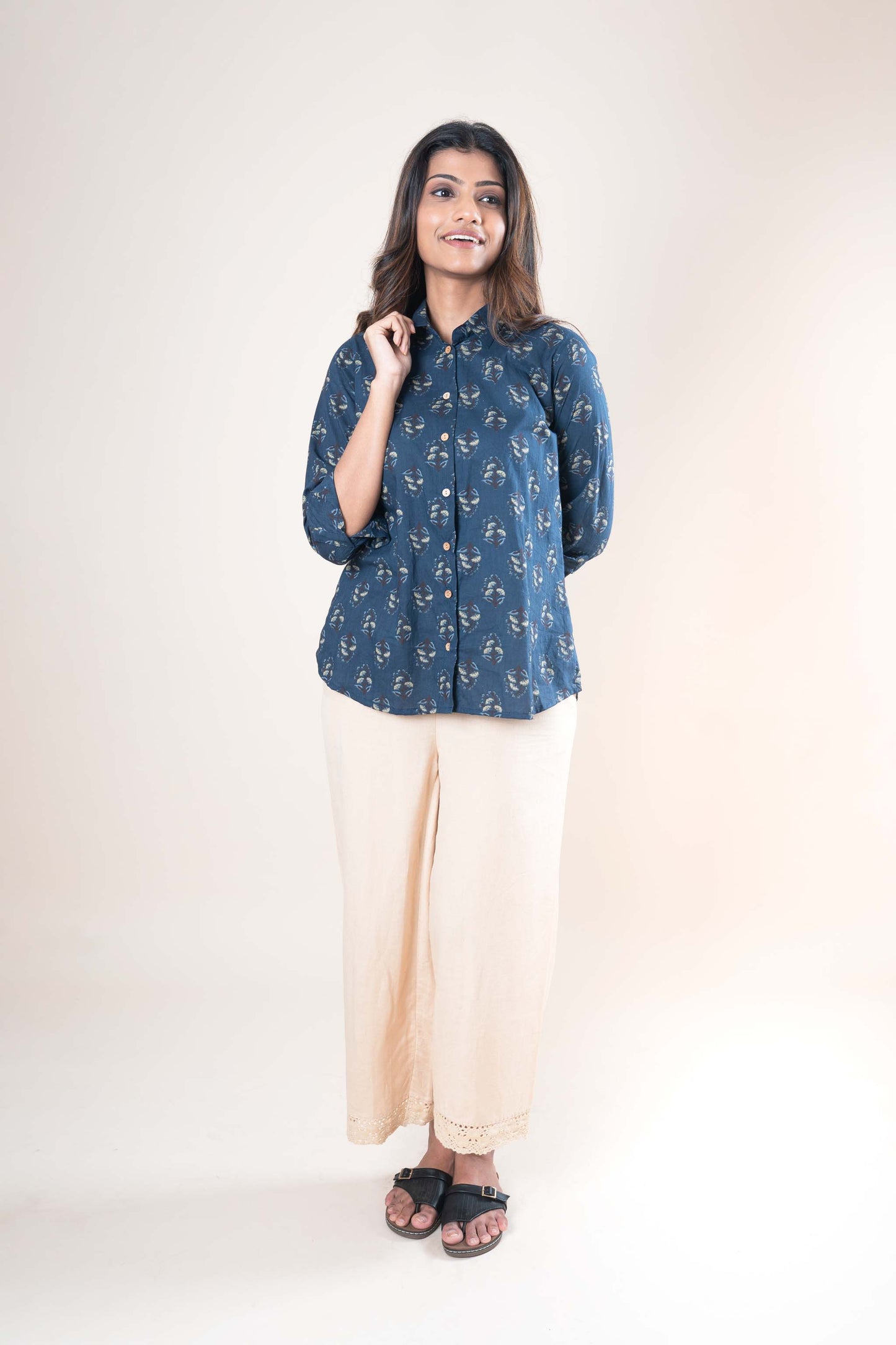 Navy Blue Hand Print Cotton Shirt