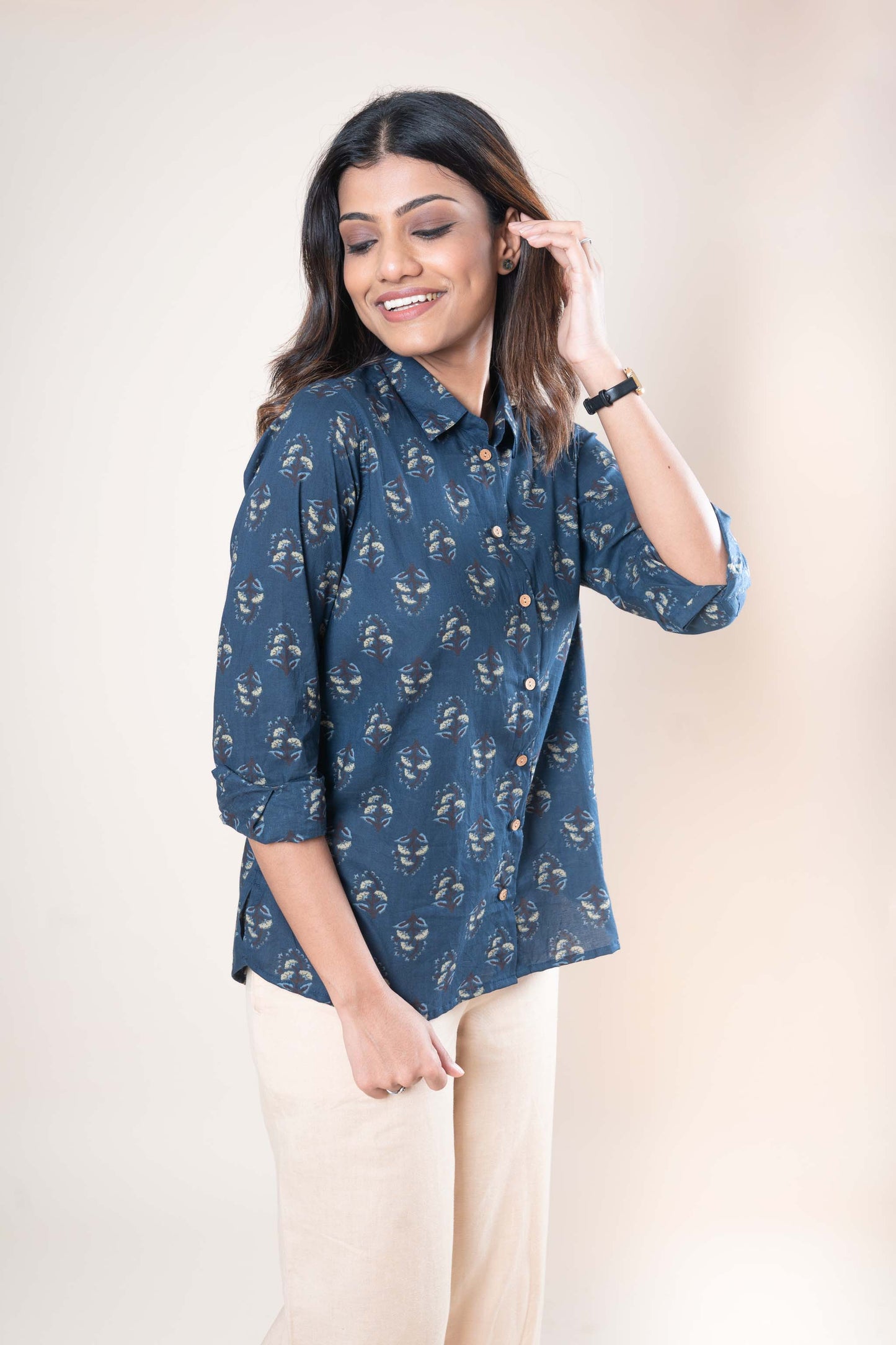Navy Blue Hand Print Cotton Shirt