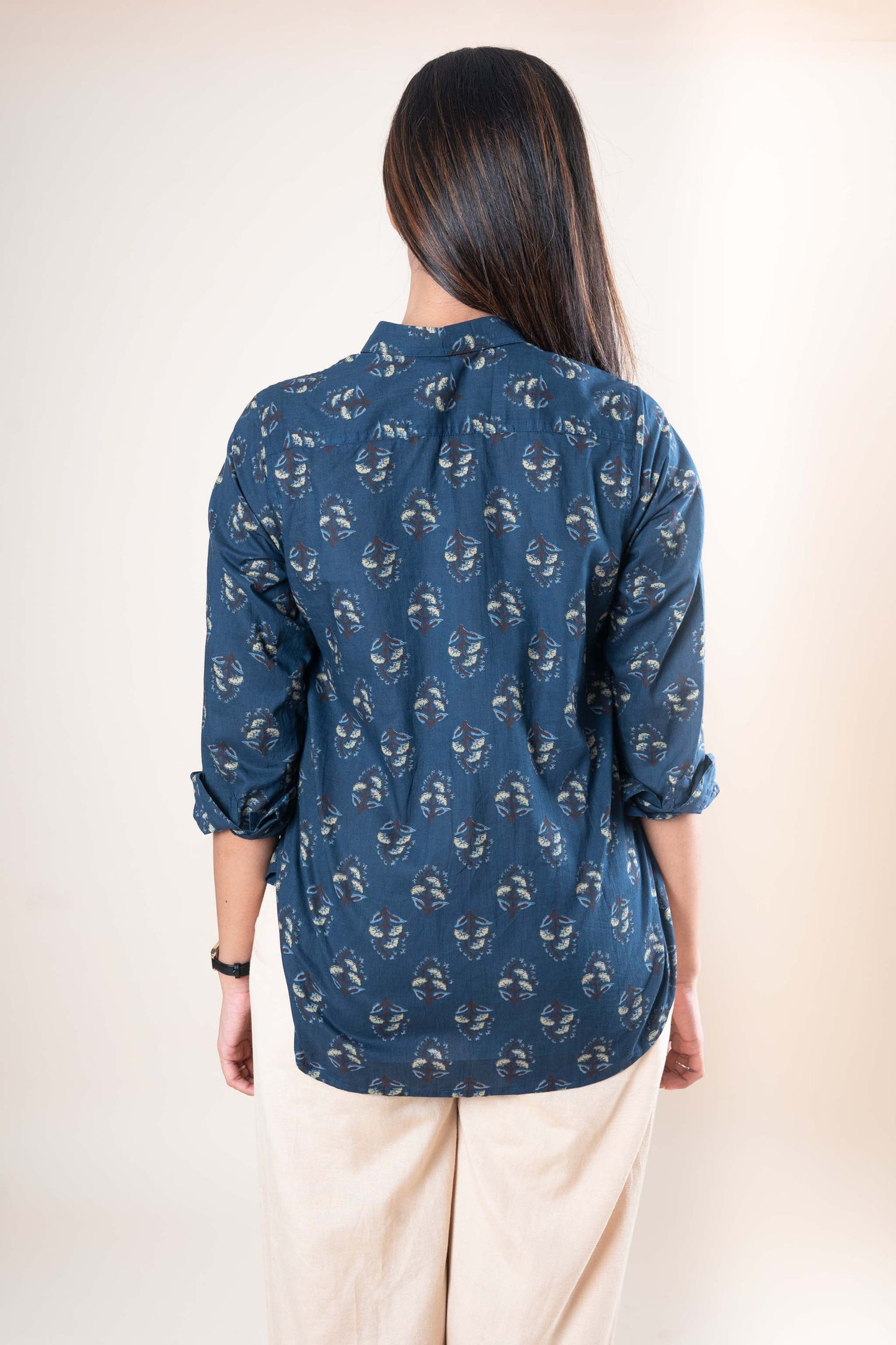 Navy Blue Hand Print Cotton Shirt
