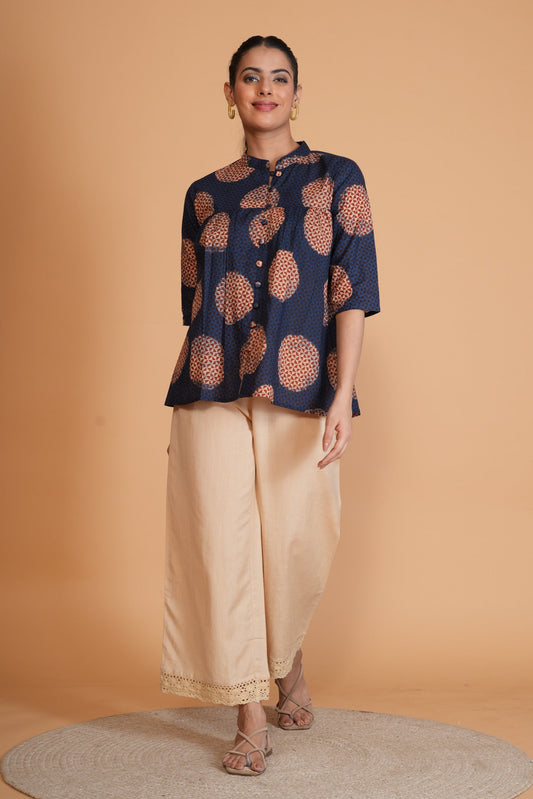 Indigo Blue Ajrakh Cotton A-Line Top
