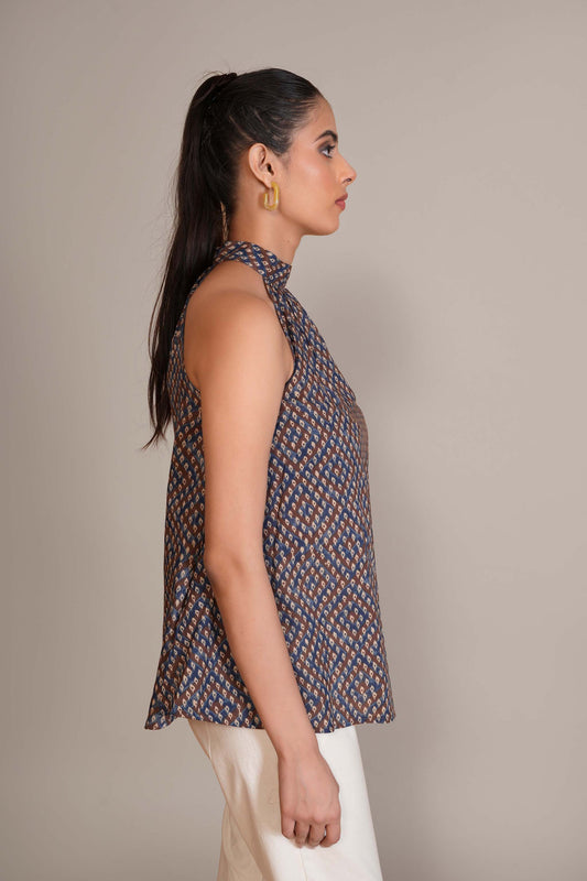 Indigo Blue Ajrakh Printed Cotton Halter Top