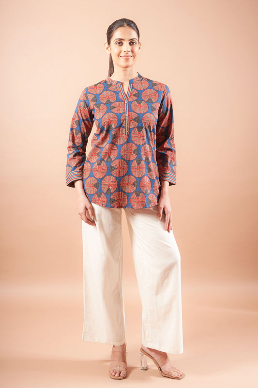 Indigo Blue Ajrak Straight Fit Cotton Top