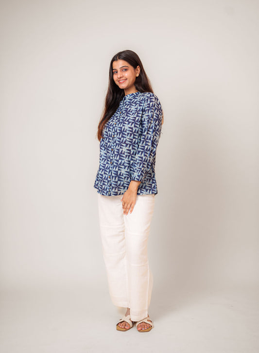 Indigo Blue Printed Cotton Shirt