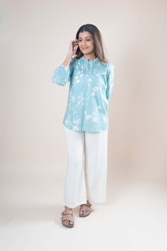 Light Blue Floral Printed Cotton Tunic Top for Women
