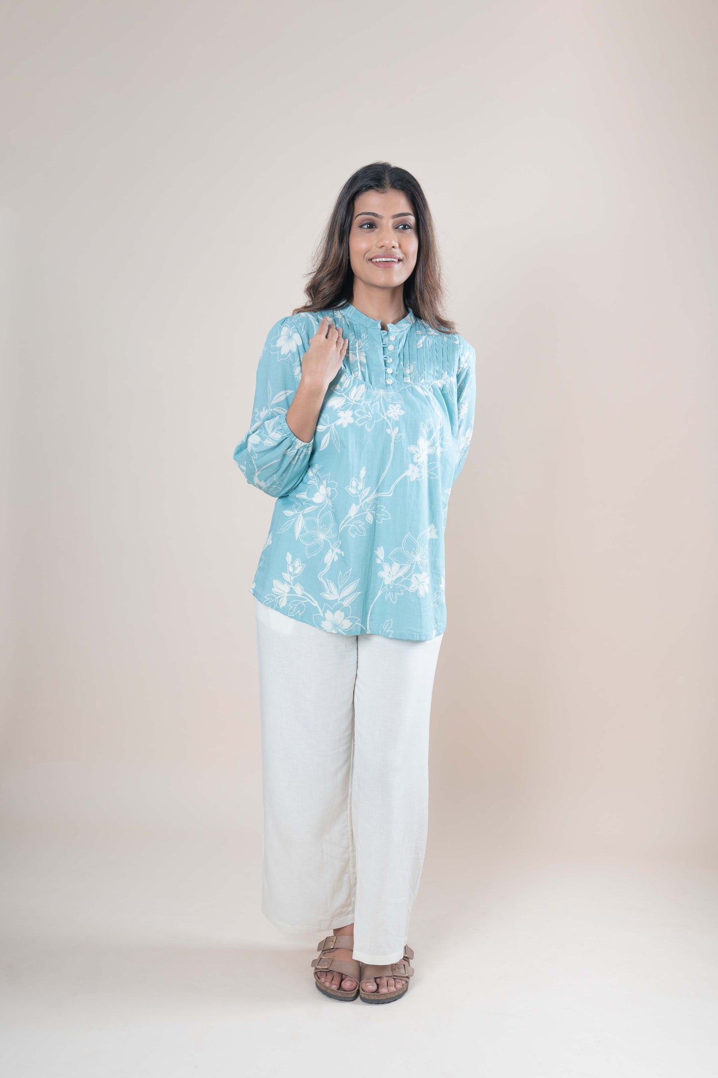 Light Blue Floral Printed Cotton Tunic Top for Women