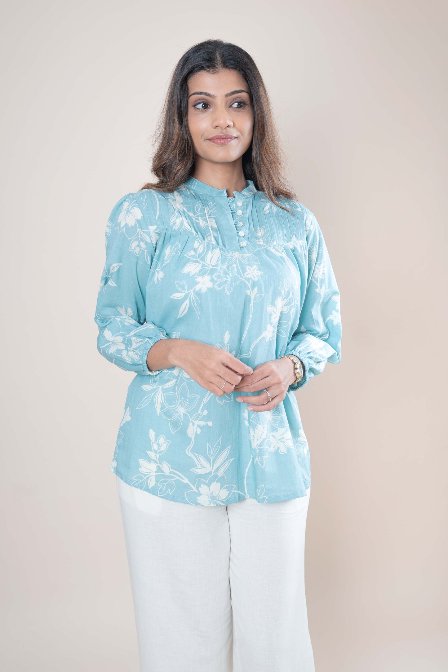 Light Blue Floral Printed Cotton Tunic Top for Women