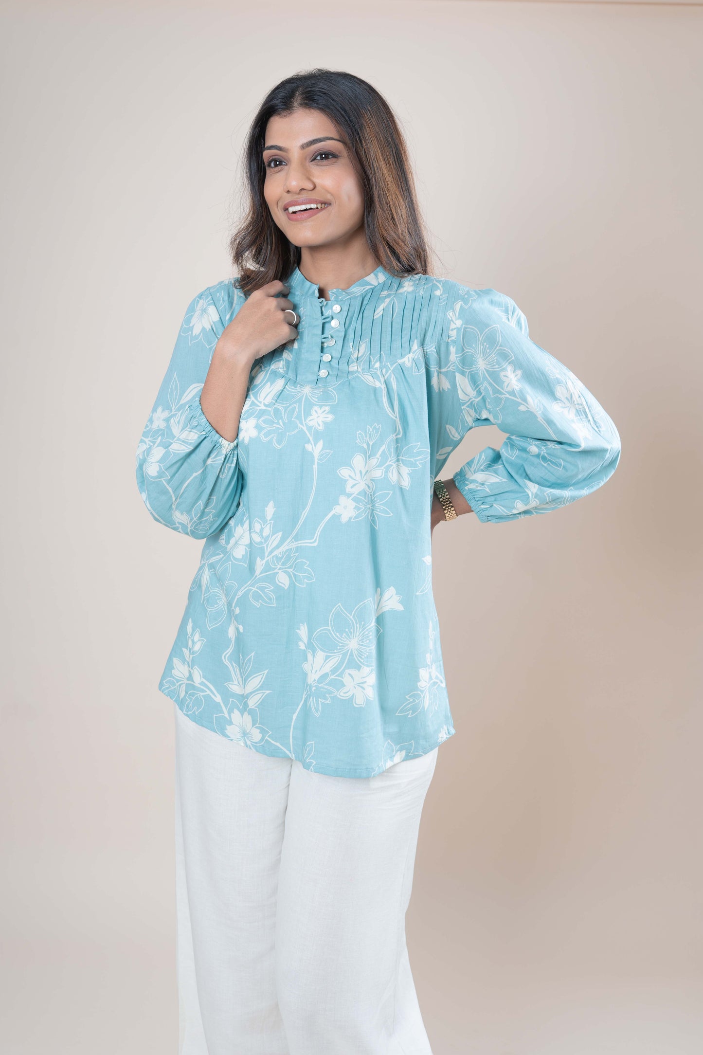 Light Blue Floral Printed Cotton Tunic Top for Women