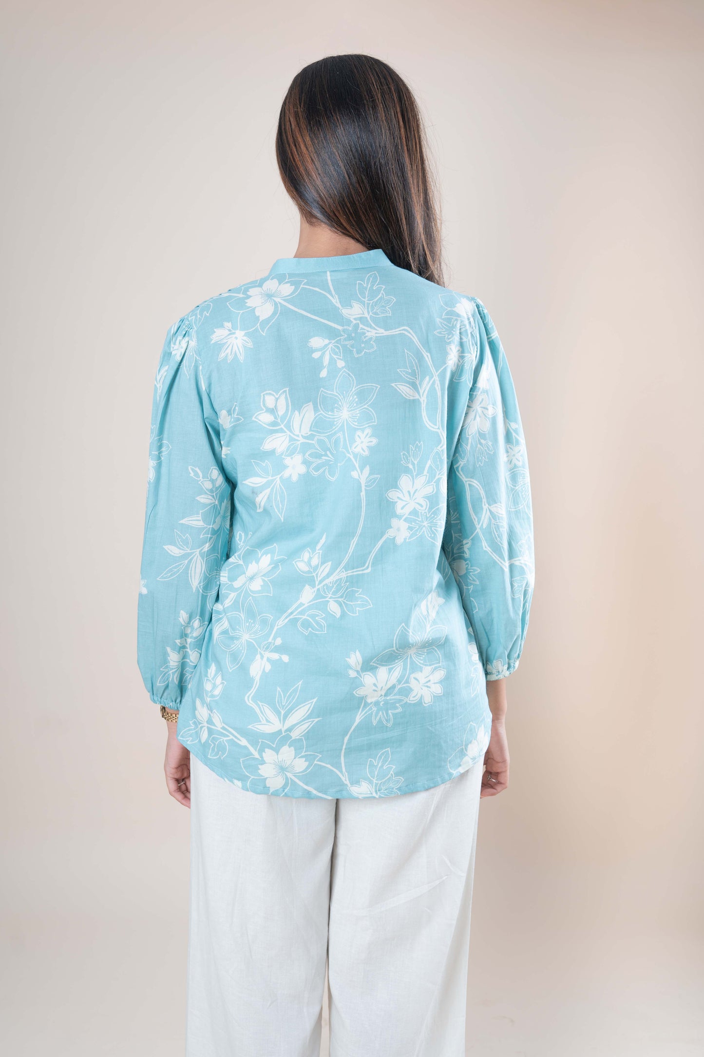 Light Blue Floral Printed Cotton Tunic Top for Women