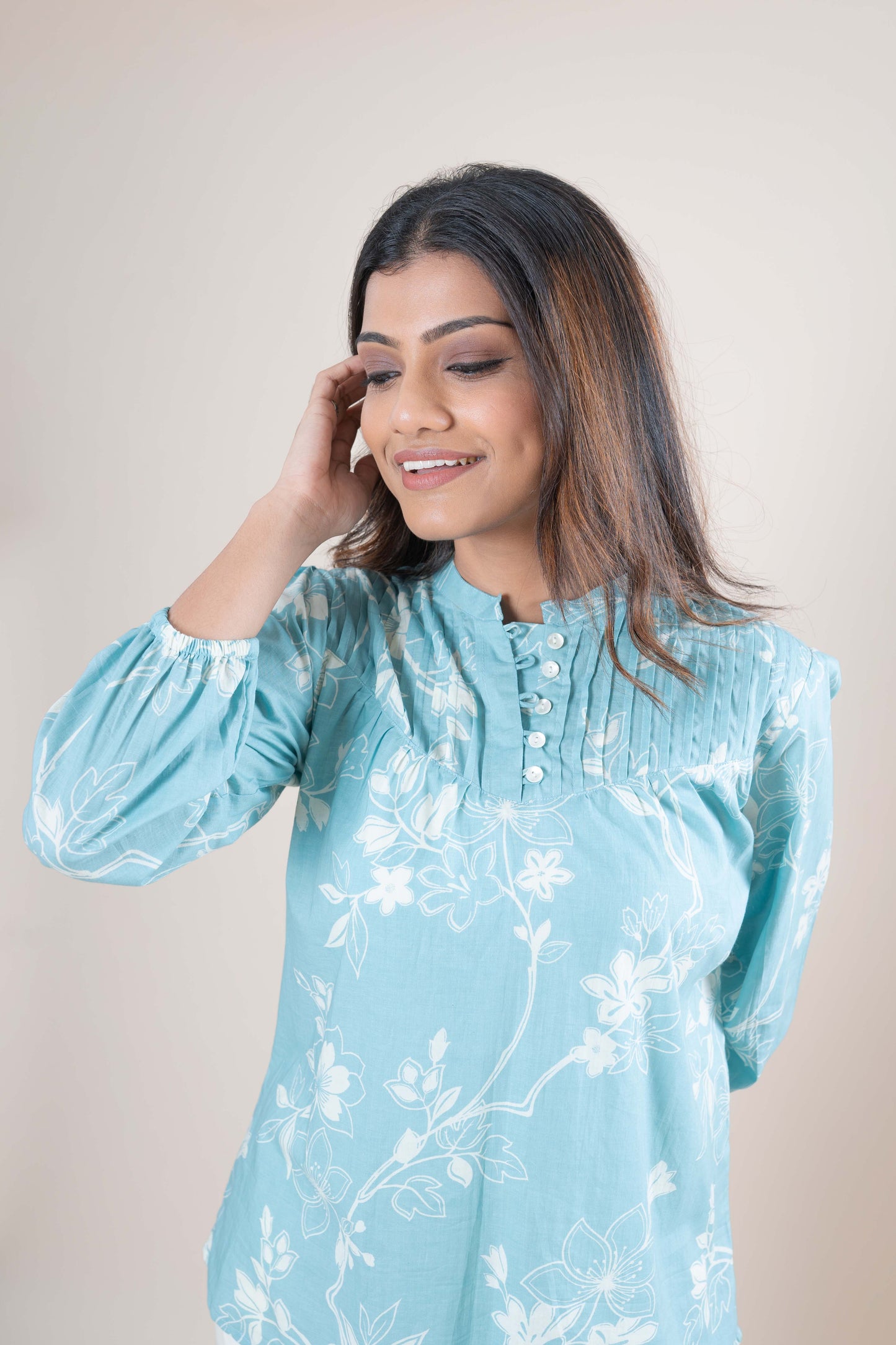 Light Blue Floral Printed Cotton Tunic Top for Women