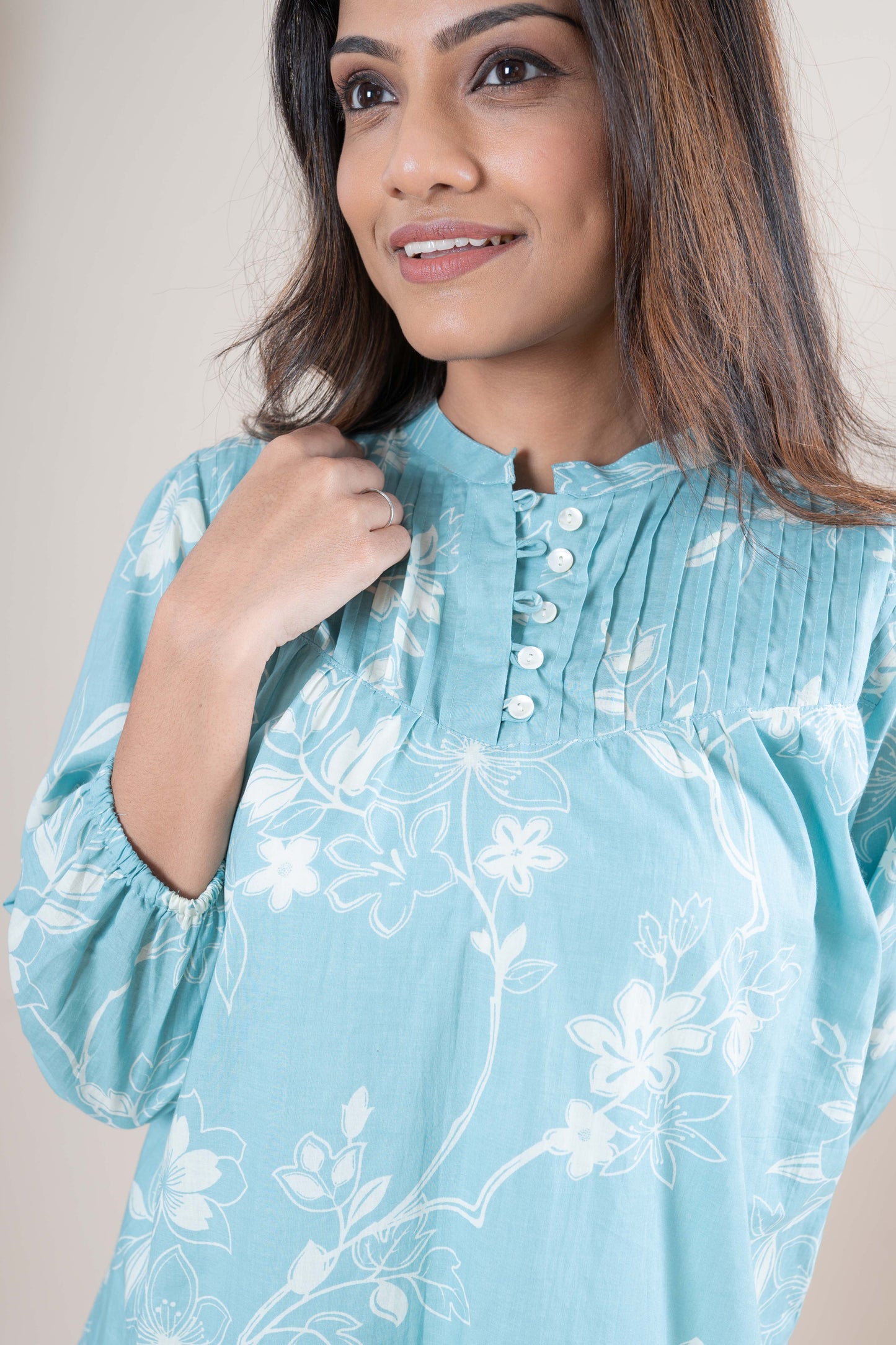 Light Blue Floral Printed Cotton Tunic Top for Women