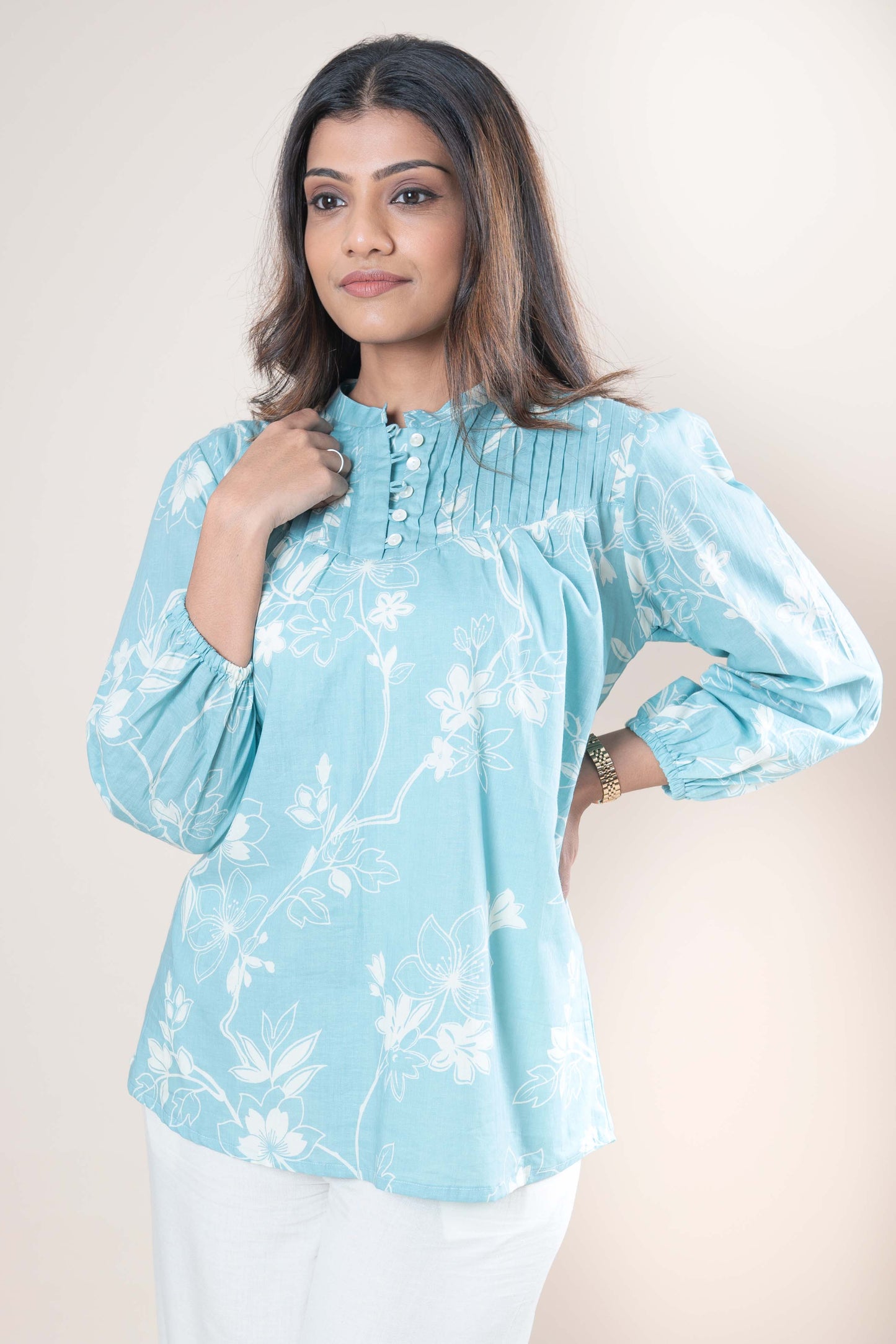 Light Blue Floral Printed Cotton Tunic Top for Women