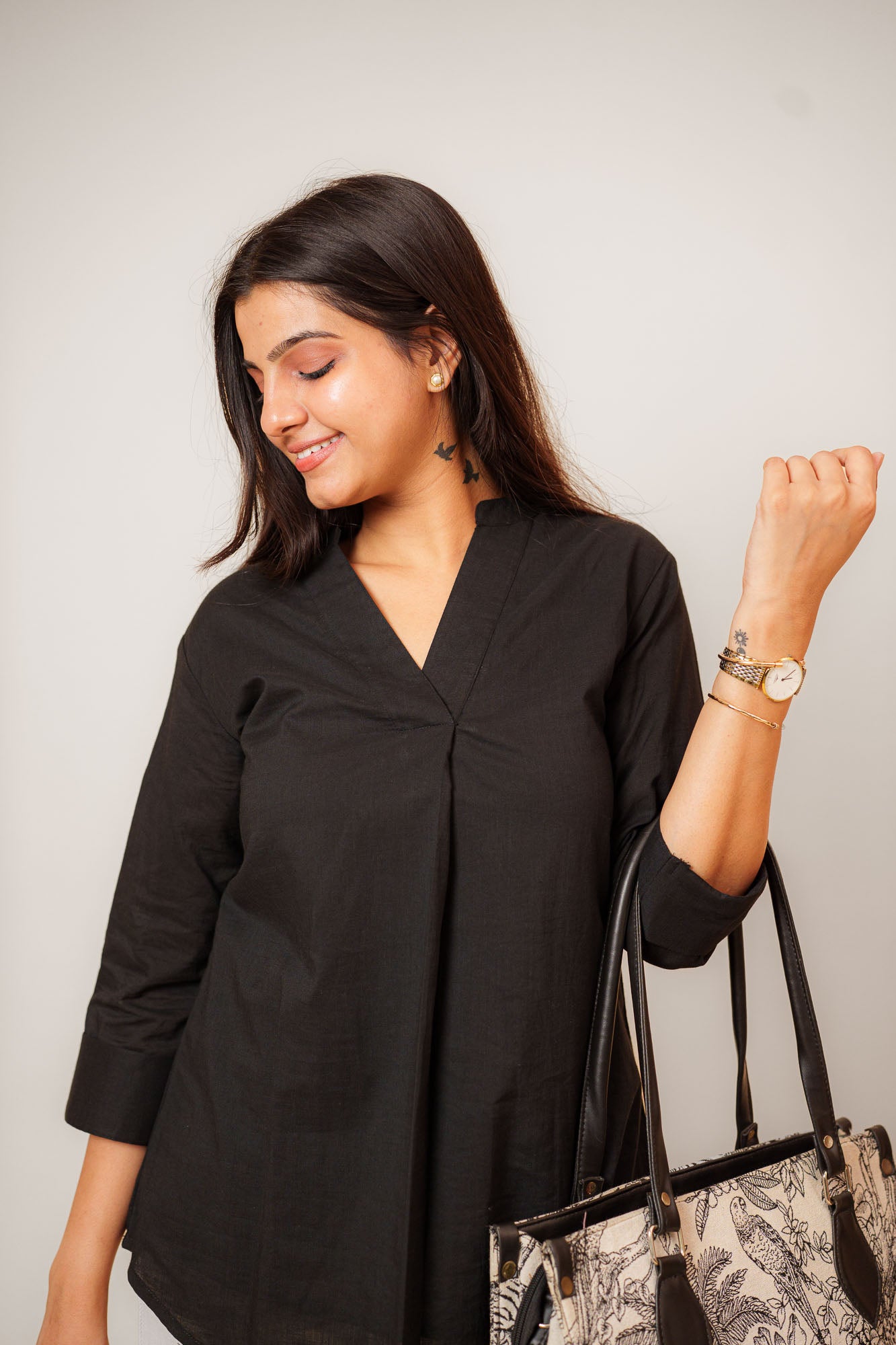 Black Cambric Cotton Mandarin Collar Tunic