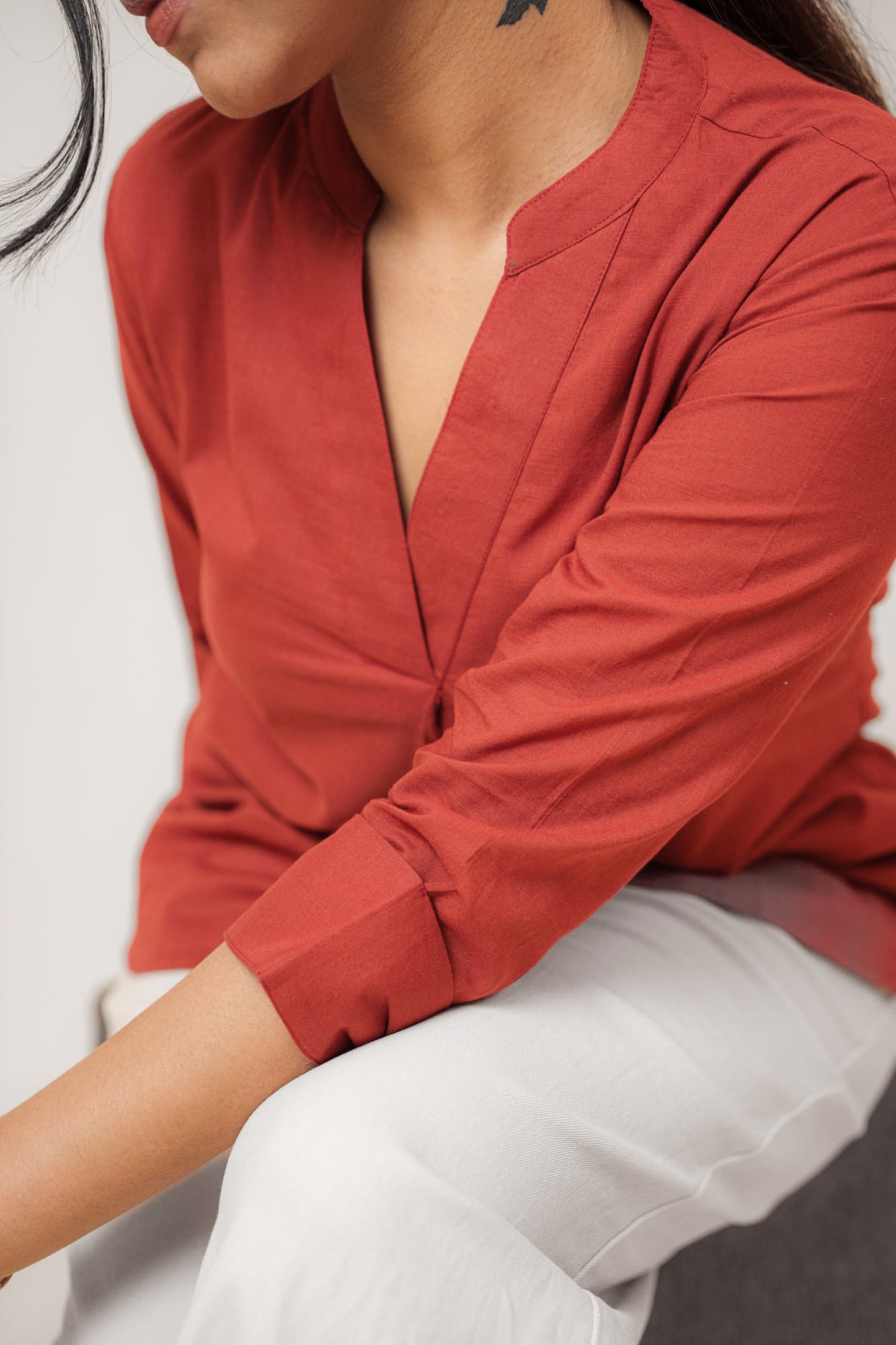Maroon Cambric Cotton Mandarin Collar Tunic