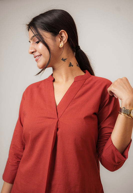 Maroon Cambric Cotton Mandarin Collar Tunic