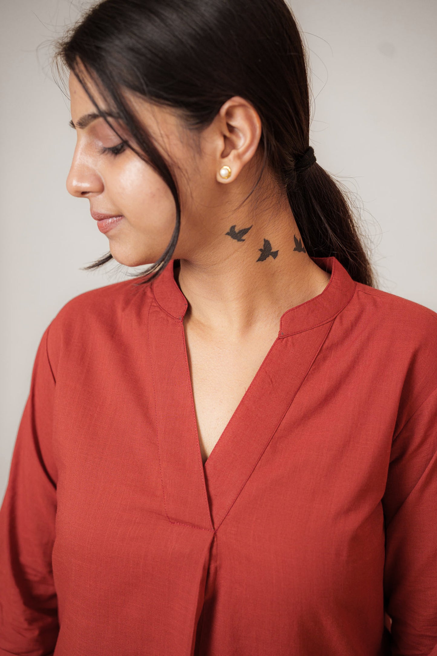 Maroon Cambric Cotton Mandarin Collar Tunic