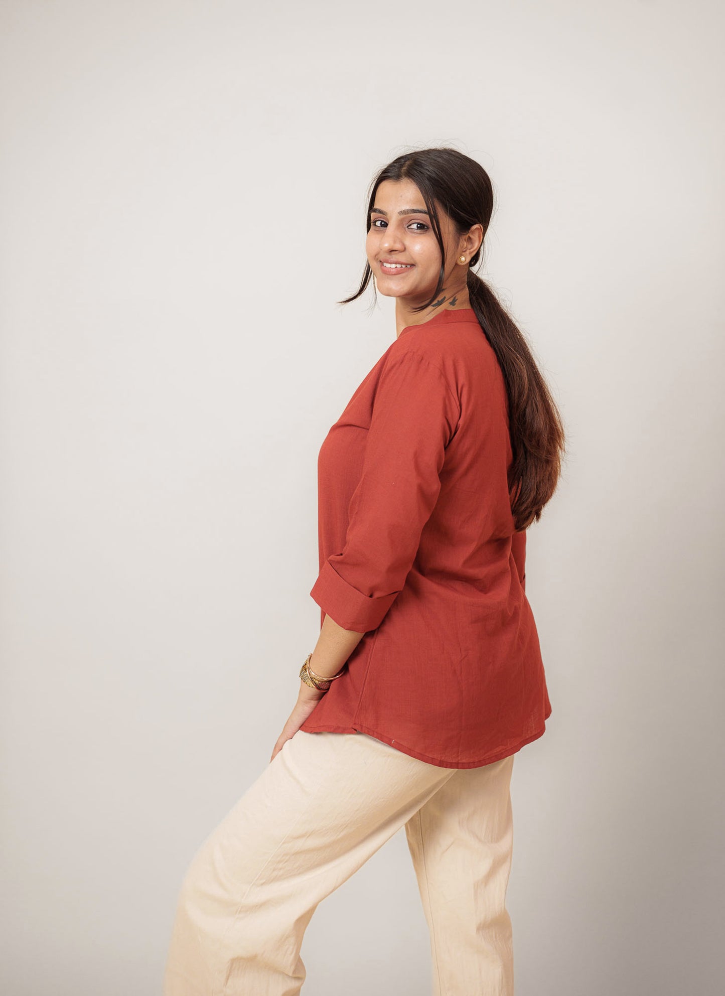 Maroon Cambric Cotton Mandarin Collar Tunic