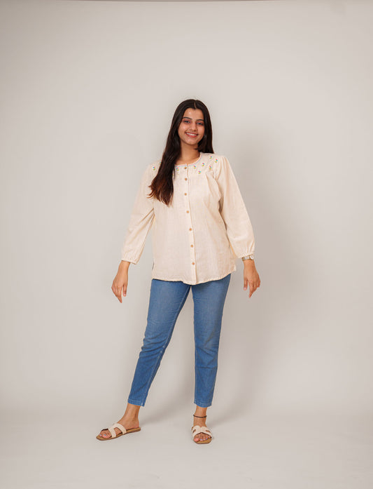 Natural Flex Cotton Hand Work Embroidered Shirt