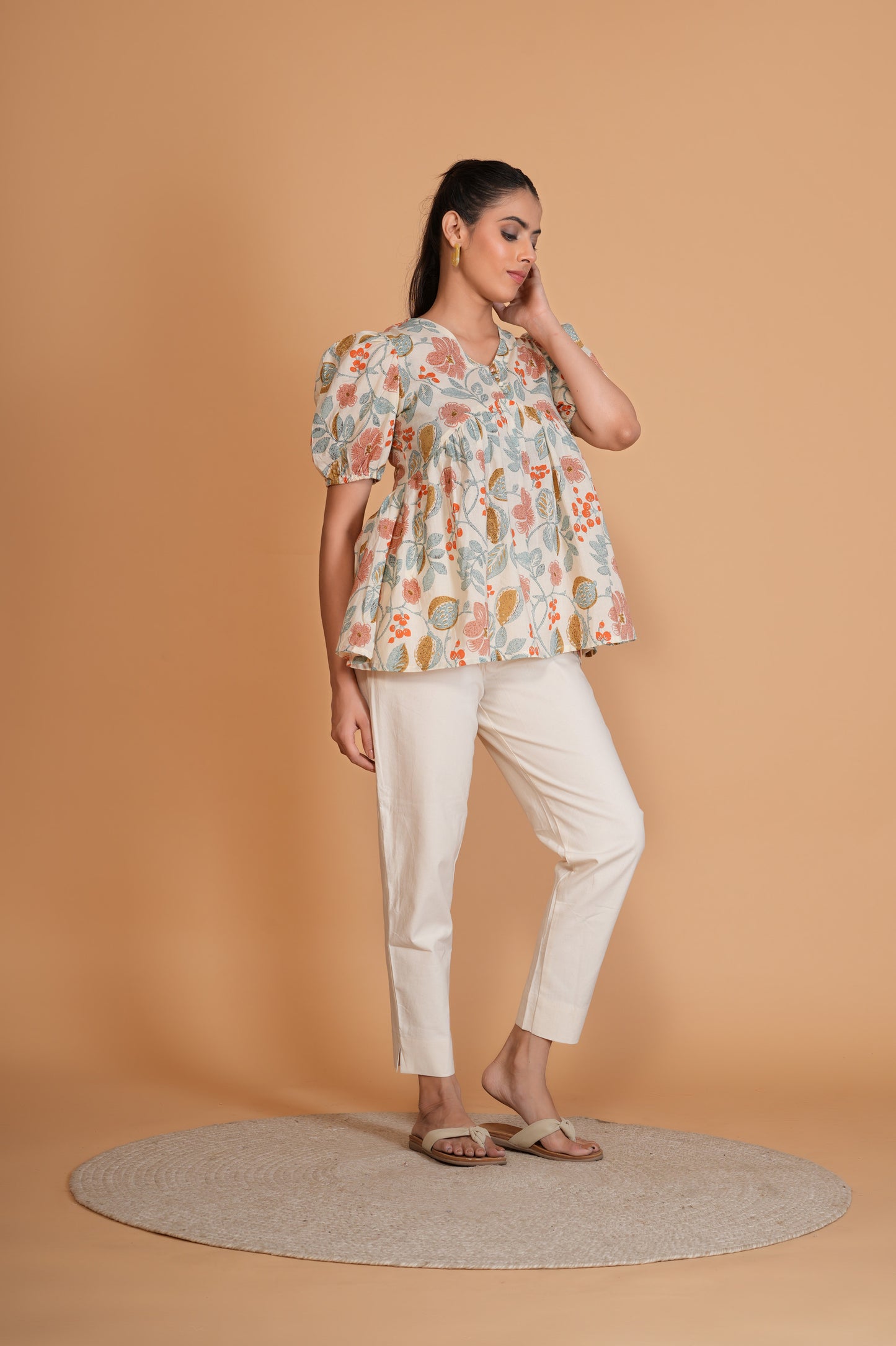 Off White Floral Alia Cut Cotton Top