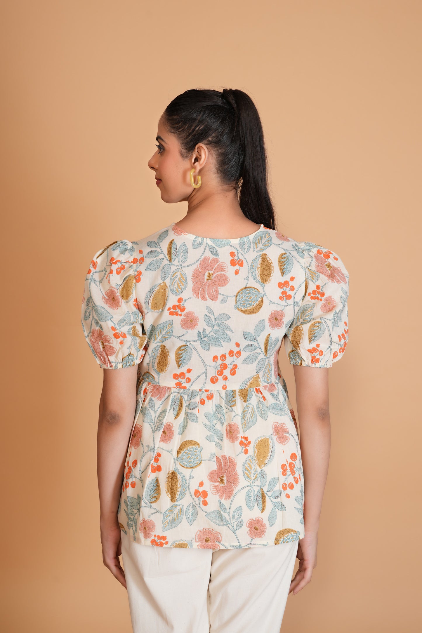 Off White Floral Alia Cut Cotton Top