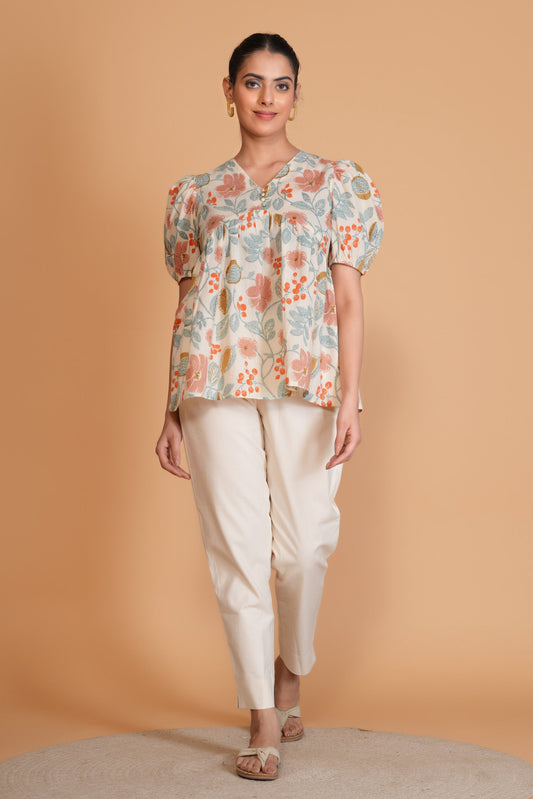Off White Floral Alia Cut Cotton Top