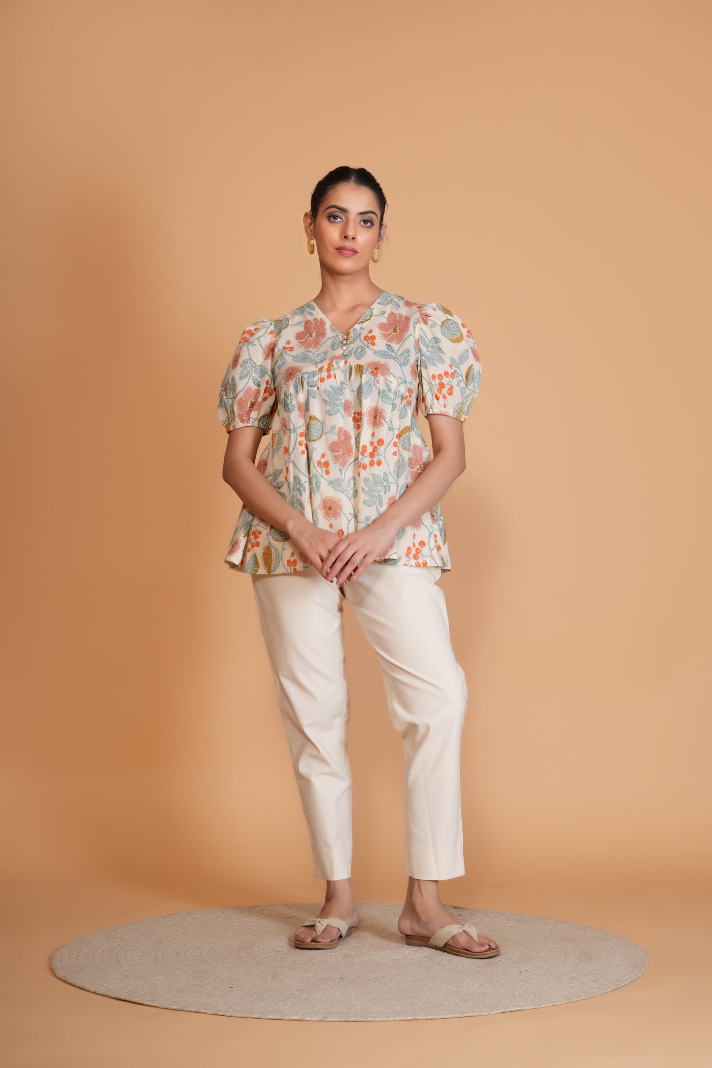 Off White Floral Alia Cut Cotton Top