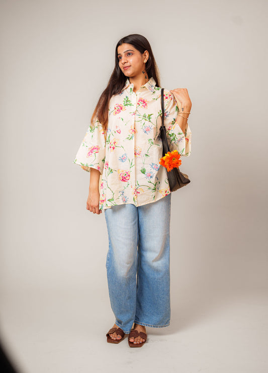 Off White Floral Printed Relaxed Fit Cotton Shirt for Women