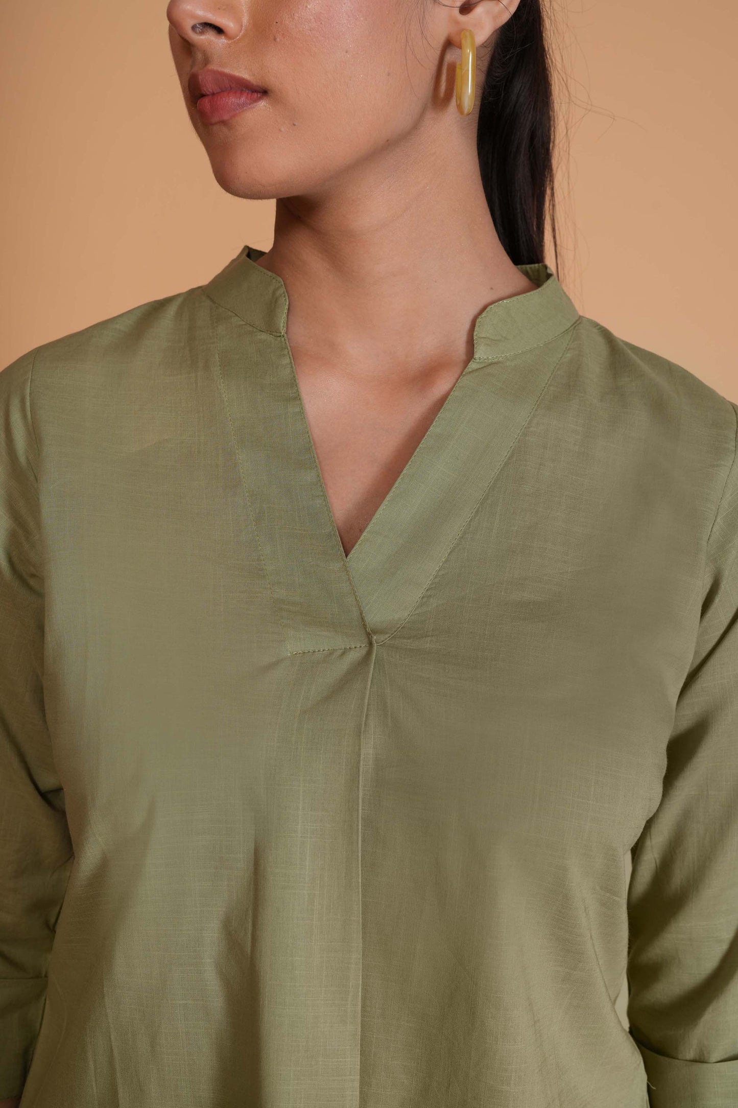 Olive Green Cambric Cotton Mandarin Collar Tunic