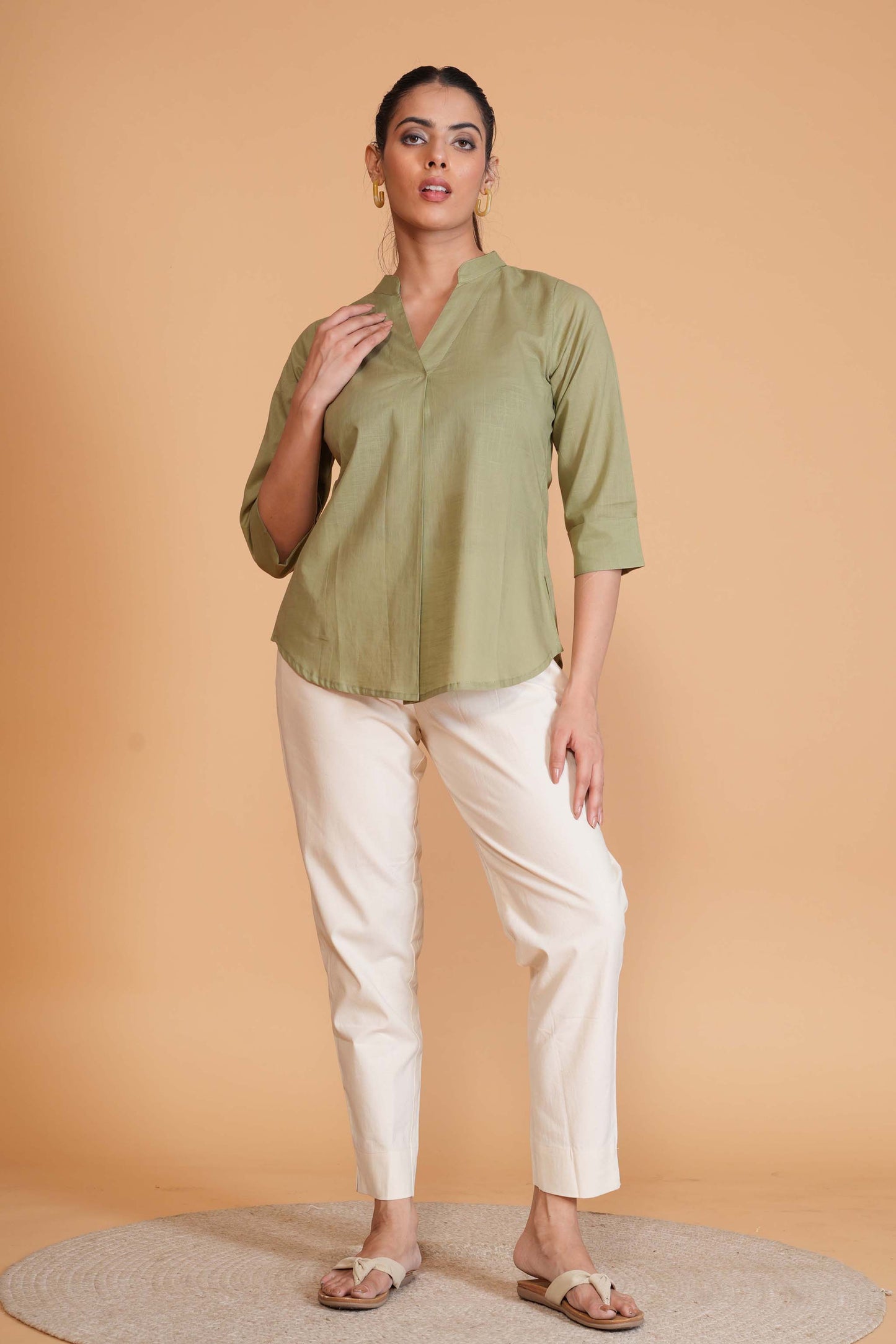 Olive Green Cambric Cotton Mandarin Collar Tunic
