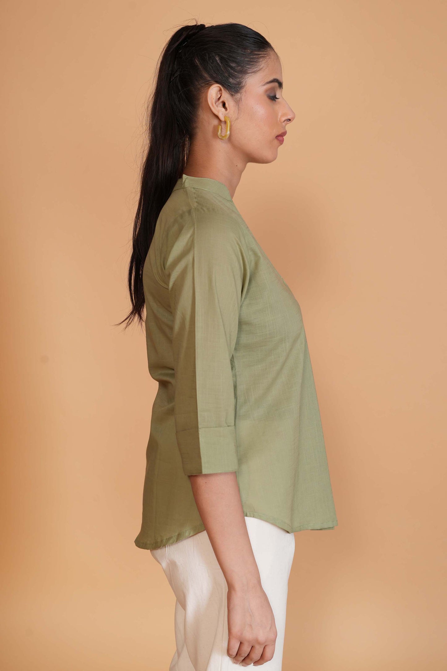 Olive Green Cambric Cotton Mandarin Collar Tunic