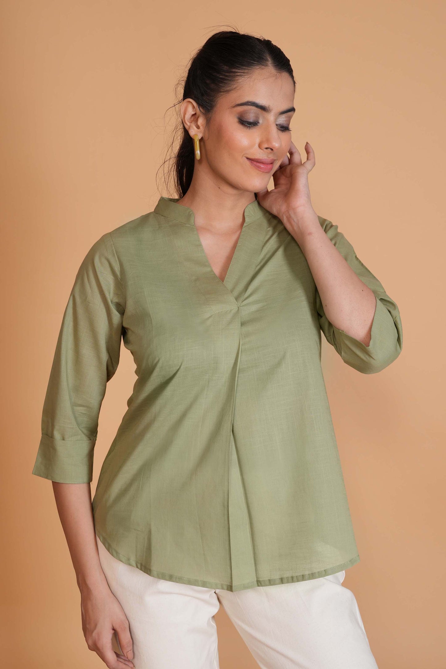 Olive Green Cambric Cotton Mandarin Collar Tunic