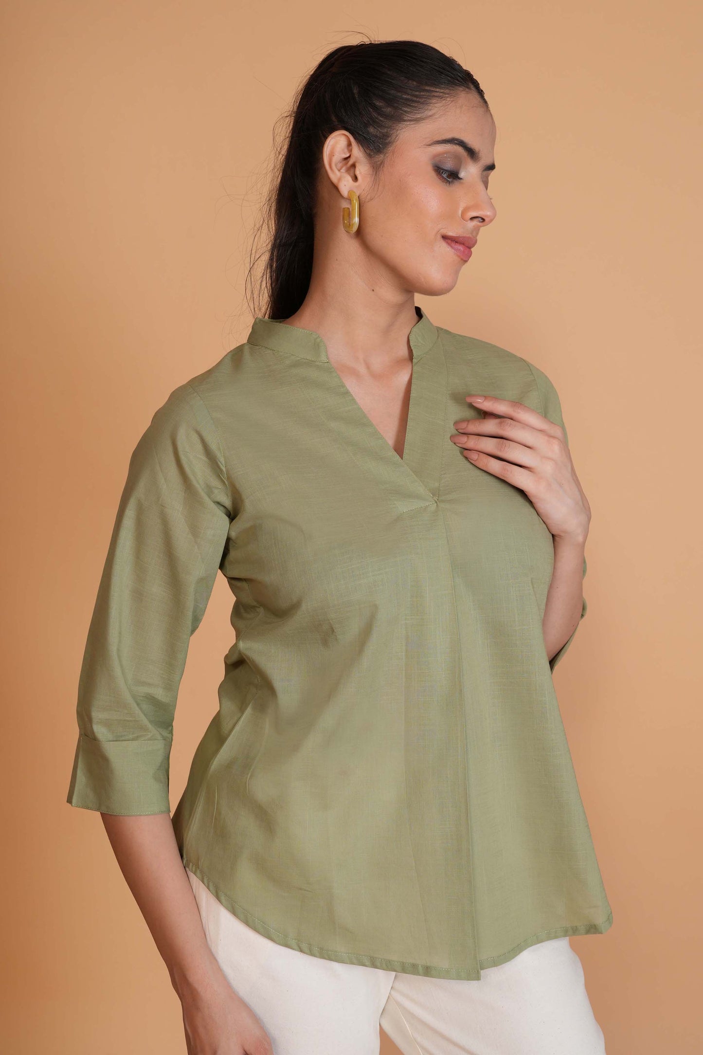 Olive Green Cambric Cotton Mandarin Collar Tunic