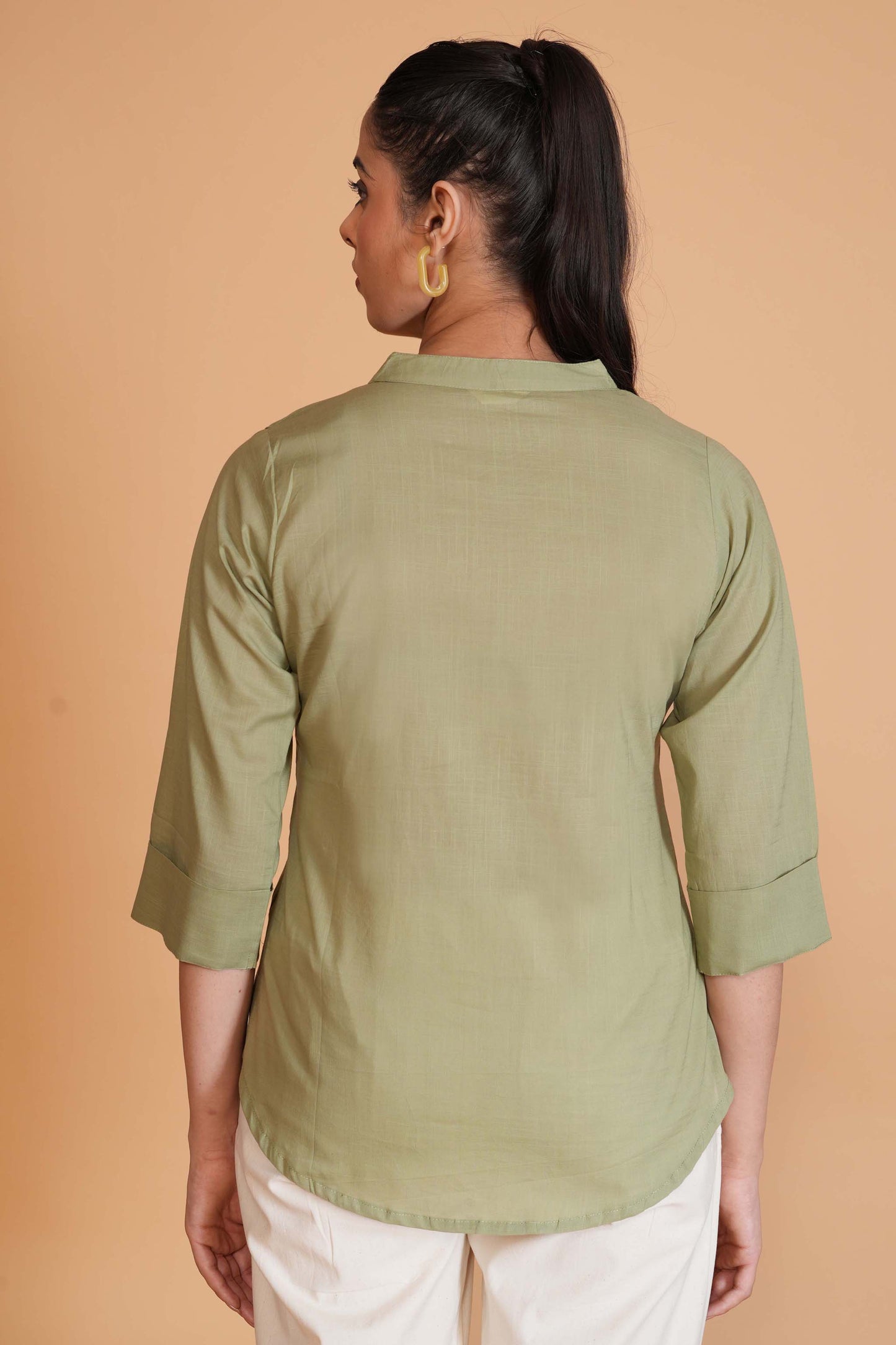 Olive Green Cambric Cotton Mandarin Collar Tunic