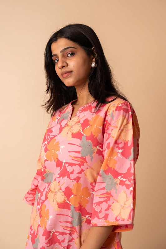 Pink Floral Printed Flex Cotton Tunic