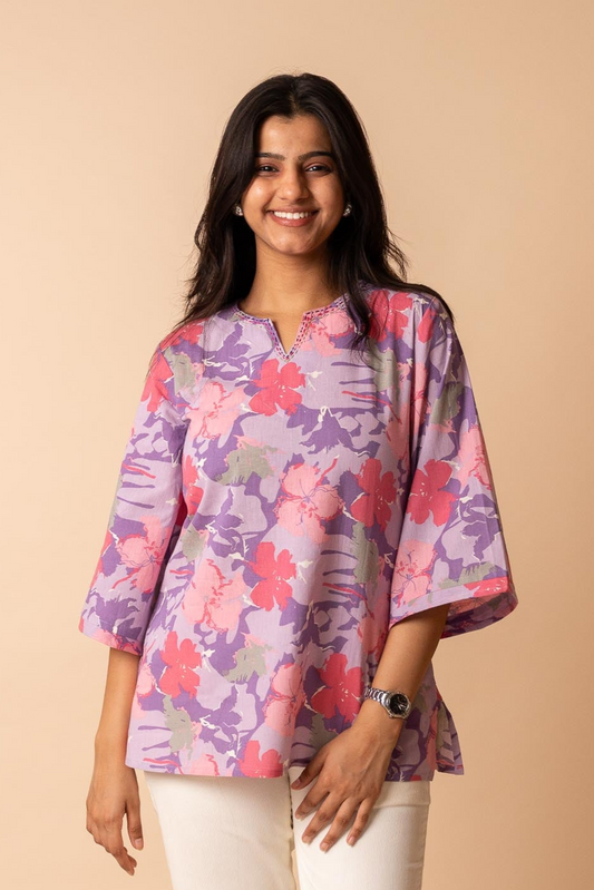 Purple Floral Printed Flex Cotton Tunic