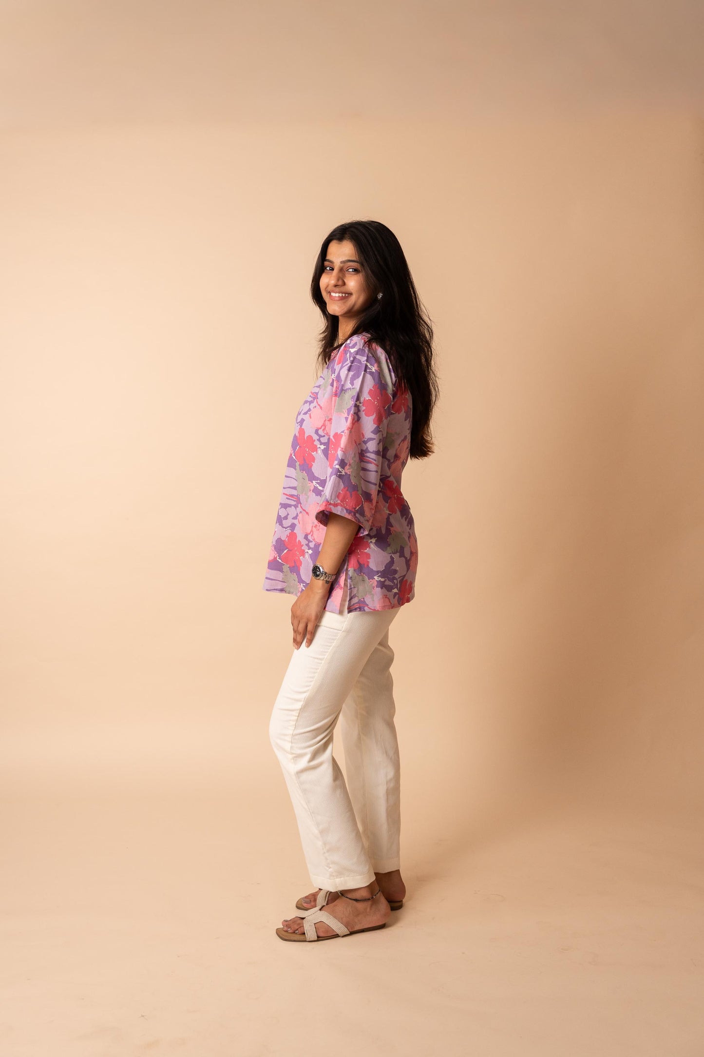 Purple Floral Printed Flex Cotton Tunic