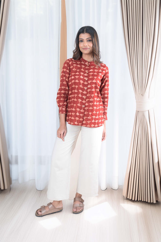 Brick Red Printed Cotton Shirt