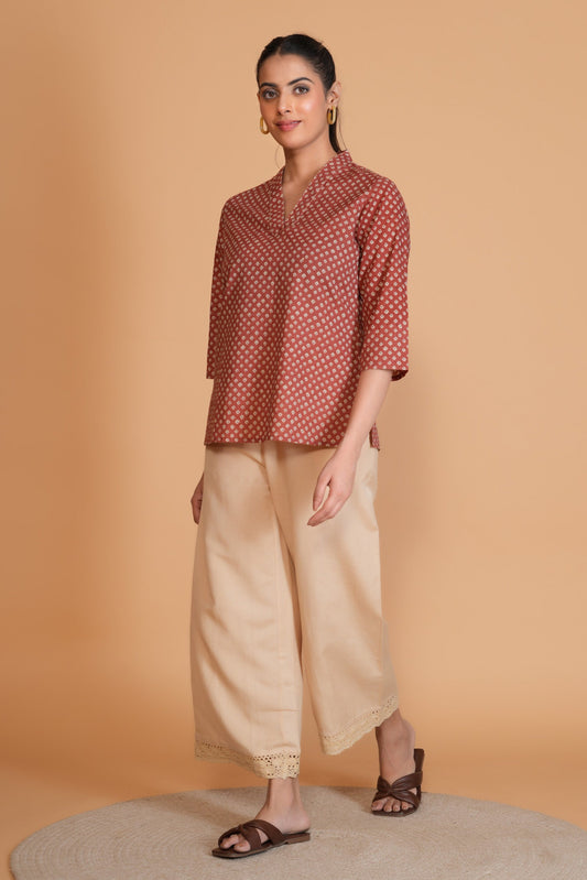 Rusty Red Bandhini Straight Cotton Top