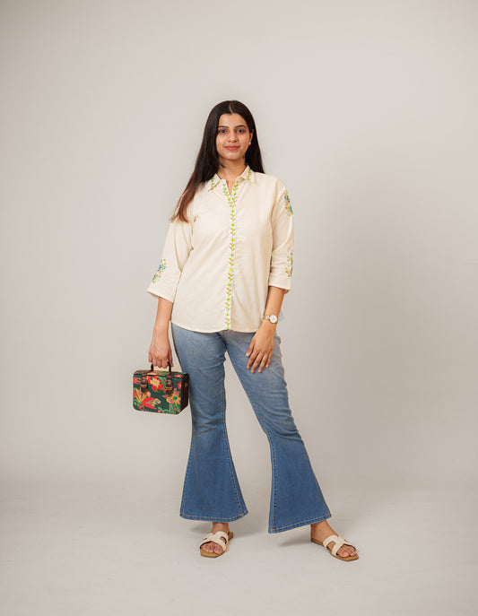 Natural Flex Cotton A-Line Tunic with Collar & Embroidery