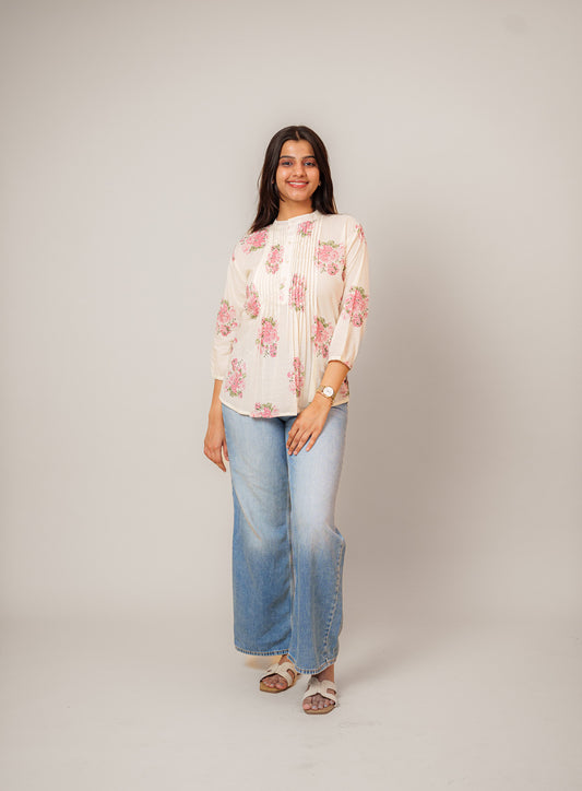 Off-White Floral Cotton Tunic Top for Women