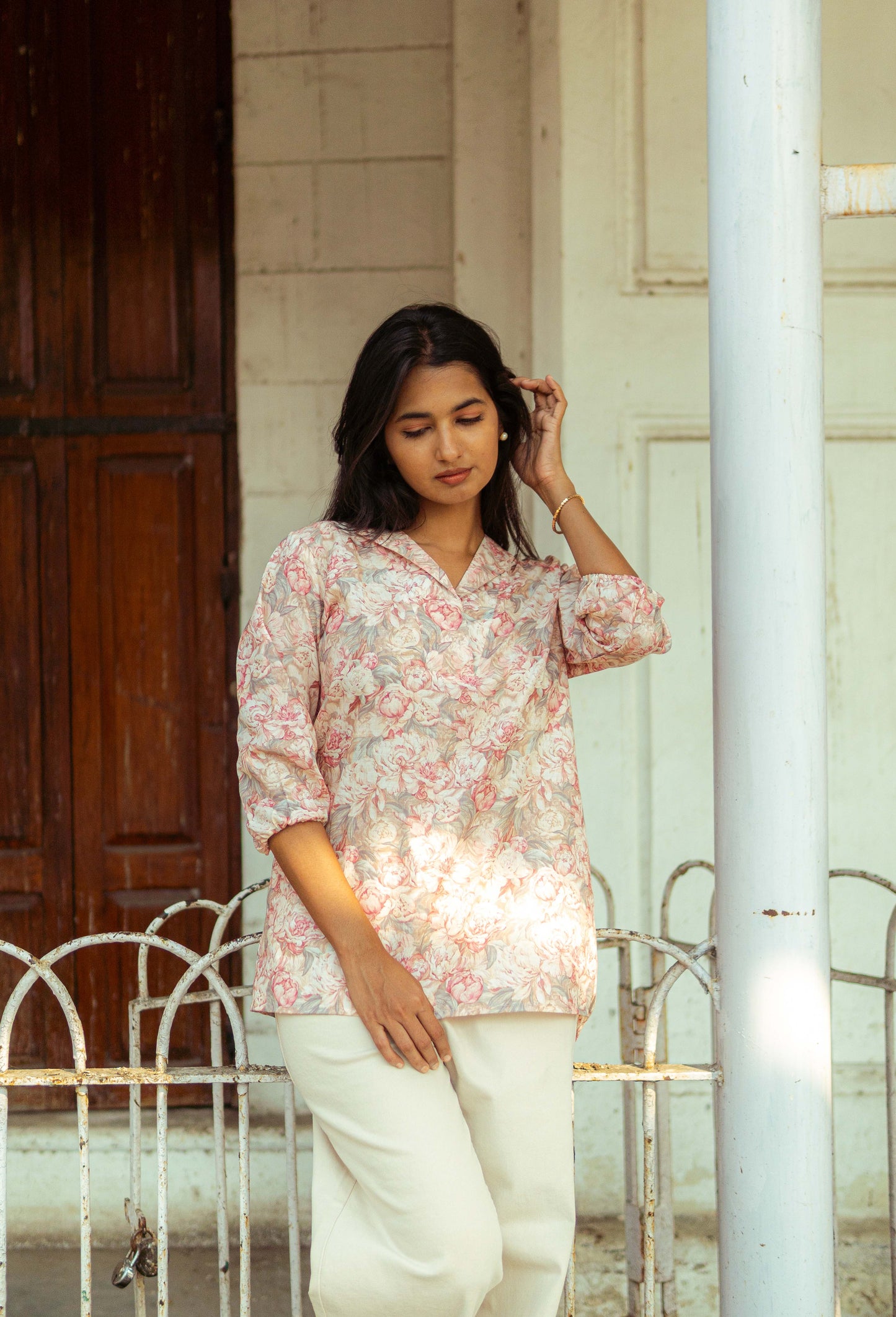 Dusty Rose Printed Cotton Top for Women
