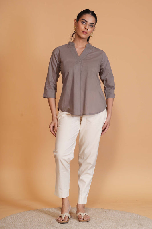 Slate Grey Cambric Cotton Mandarin Collar Tunic