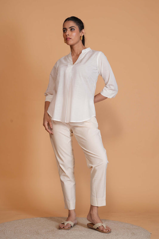 White Cambric Cotton Mandarin Collar Tunic