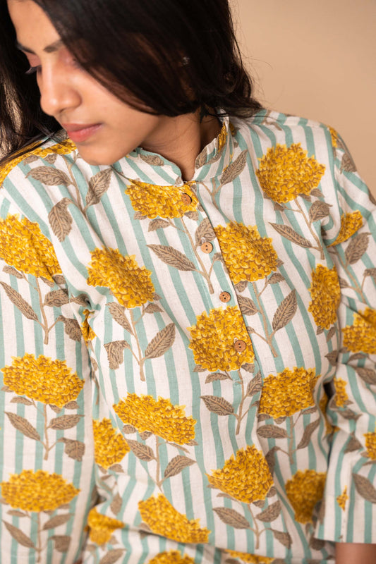 Yellow Floral Printed Striped Cotton Top