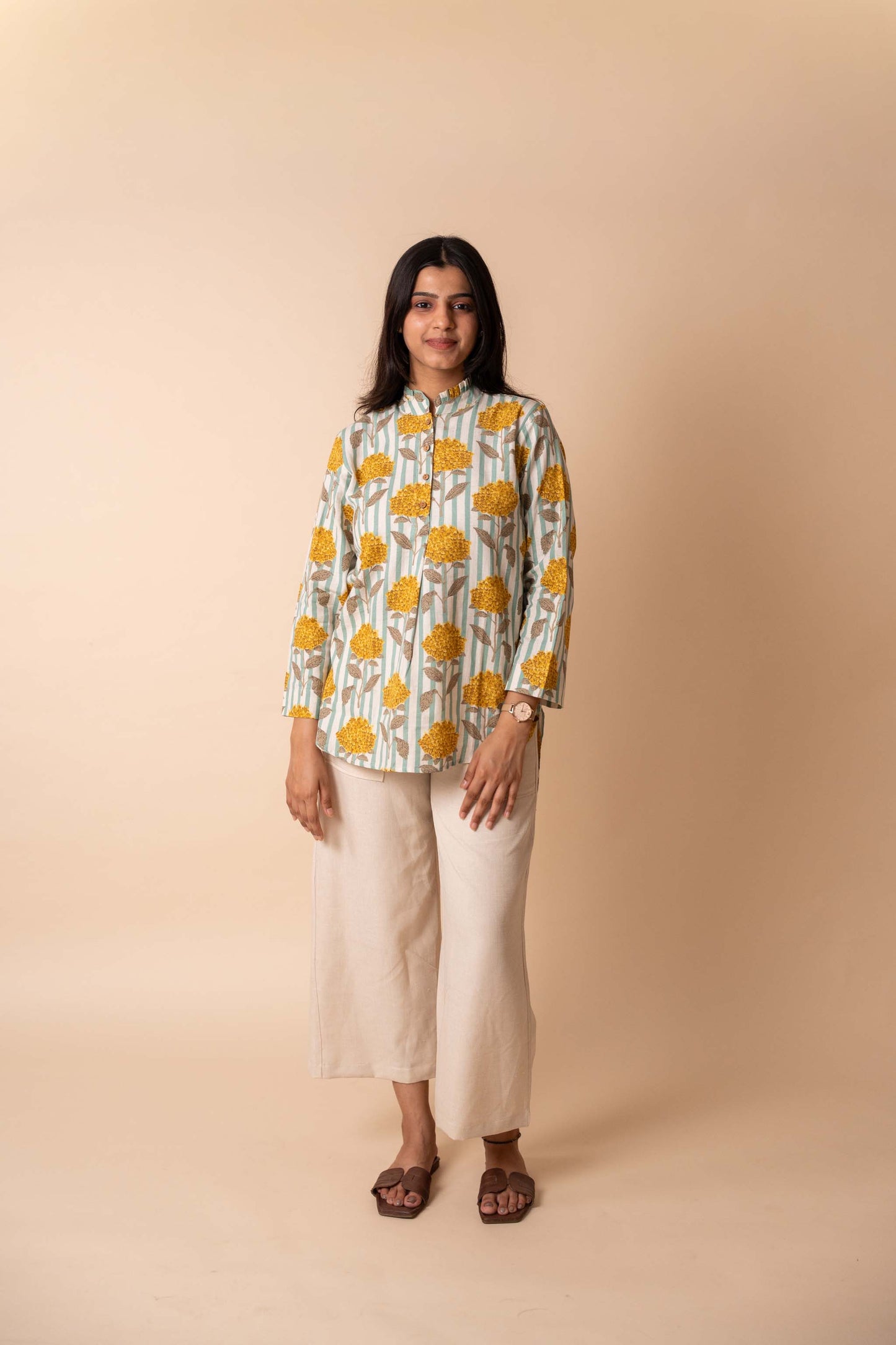 Yellow Floral Printed Striped Cotton Top
