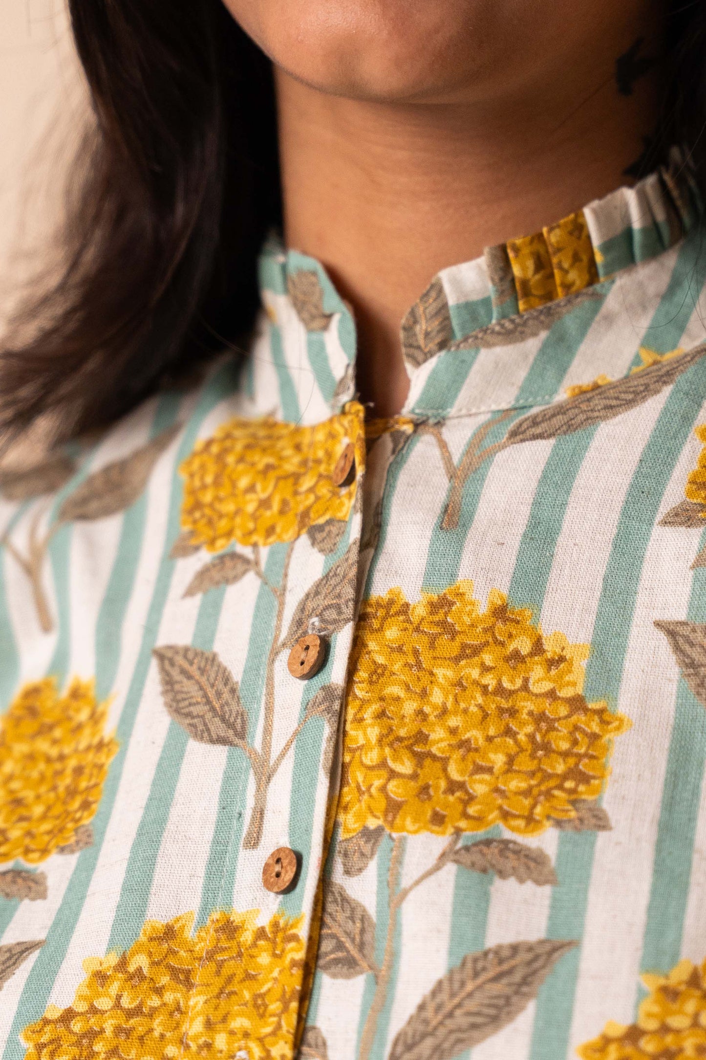 Yellow Floral Printed Striped Cotton Top