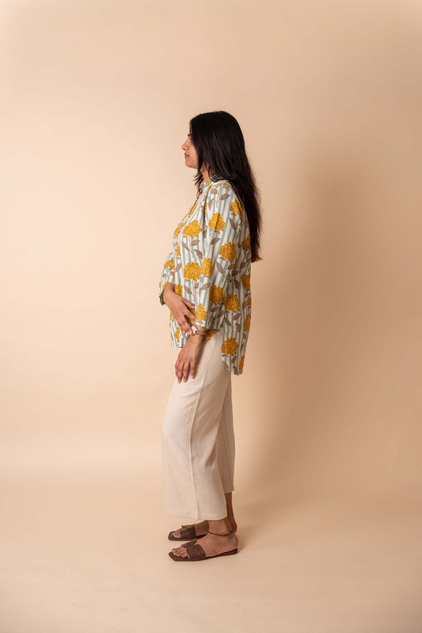 Yellow Floral Printed Striped Cotton Top