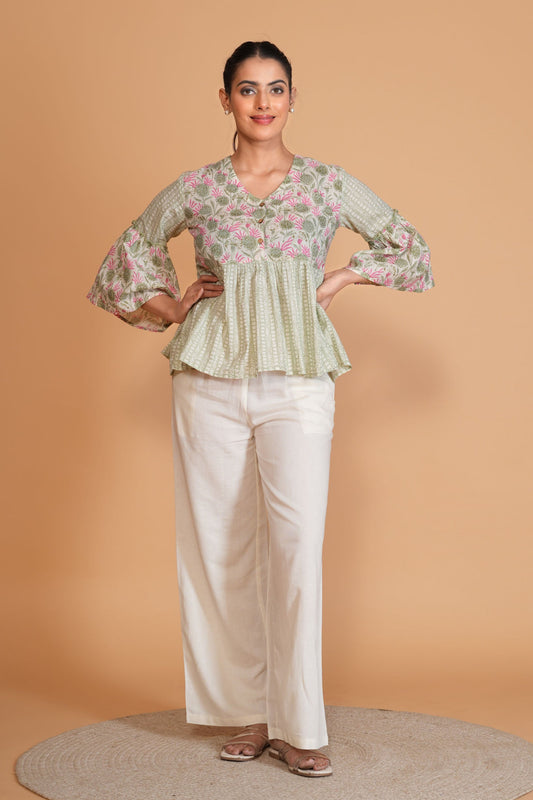Light Green Floral Printed Alia Cut Cotton Top