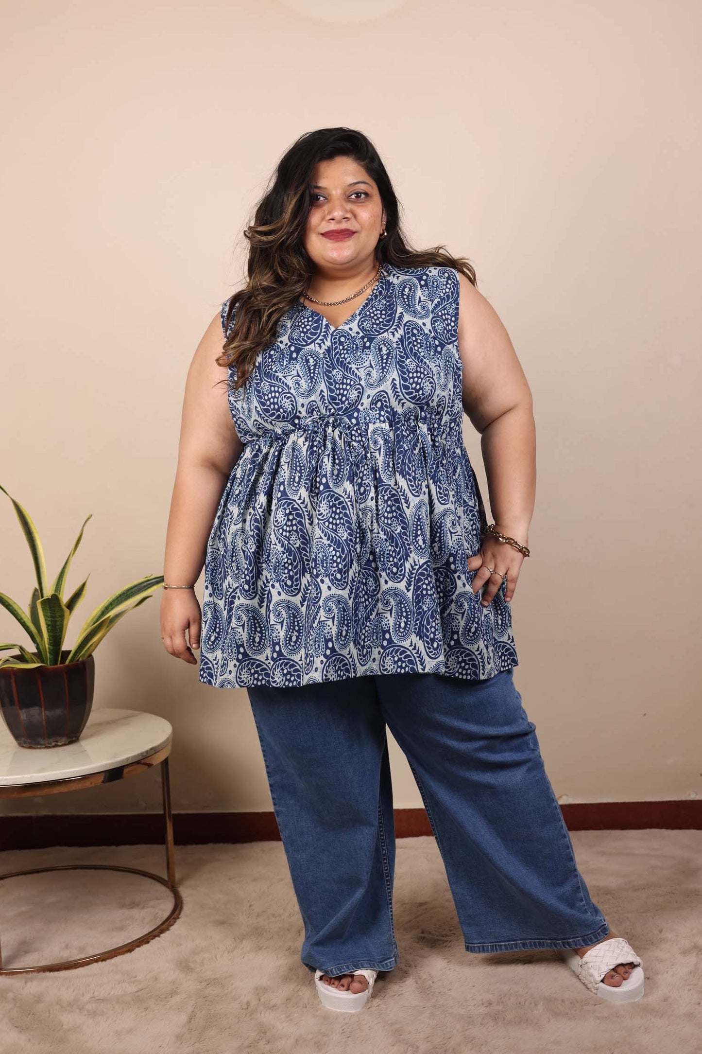 Blue Printed Sleeveless Top