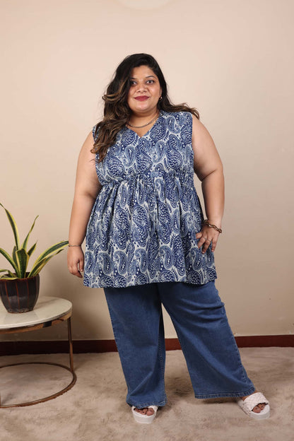 Blue Printed Sleeveless Top